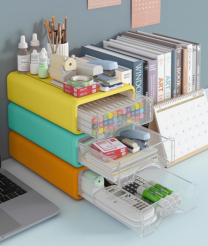 Plastic Desktop Drawer Organizer, Small 3-Tier Stackable Storage Drawers, Mini Desk Organizer for Office Stationery Makeup Vanity Supplies