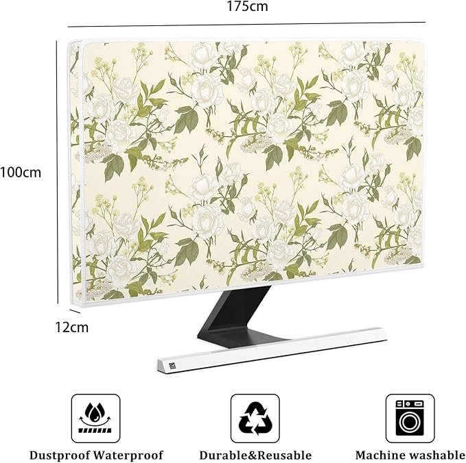 White Rose Flowers Waterproof 75 Inch TV Dust Cover Anti-Static Dustproof Protective Covers Spring Floral Screen TV Cover Sleeve Compatible with PC Desktop and TV,Green Leaves