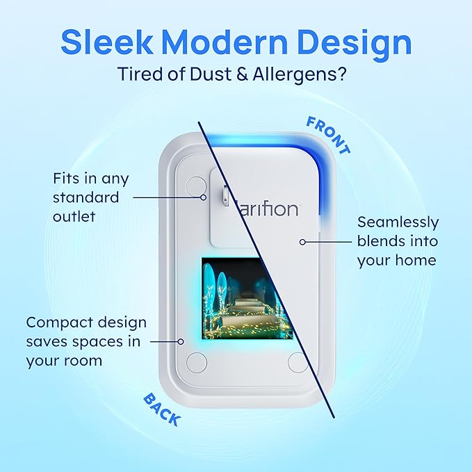 Clarifion - Air Ionizers for Home (1 Pack), Negative Ion Filtration System, Quiet Air Freshener for Bedroom, Office, Kitchen, Portable Air Filter Odor, Smoke Dust, Pets, Eliminator, Mini Air Cleaner
