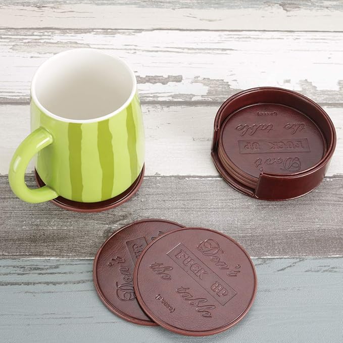 Funny Coasters, Thipoten 6 Pcs Leather Coasters with Holder, Perfect Housewarming Hostess Gifts, Protect Furniture from Water Marks Scratch and Damage(6Pcs, Coffee)