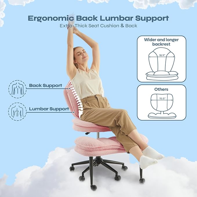 Pinmoco Ergonomic Cross Legged Office Chair for ADHD, Kneeling Chair with 360° Swivel Wheels and Reversible Seating for Meditation, Adjustable Height and Seat Deapth, Teddy Fabric, Pink