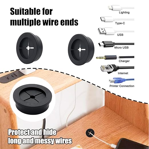6 Pcs 35mm / 1-3/8 Inch Black Cable Cord Grommets, Rubber Desk Grommets for Table Computer Desk Wire Organizer TV Console and Other Furnitures Cover