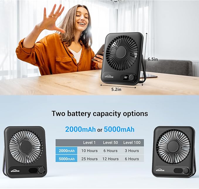 WHATOOK Desk Fan 2 Pack: 100 Speeds Stepless Control 2000mAh Battery Operated Portable Fan, Rechargeable Table Fan for Cruise Ship Essentials, Gift for Couples, Dorm, Office, Bedroom(Black and Black)