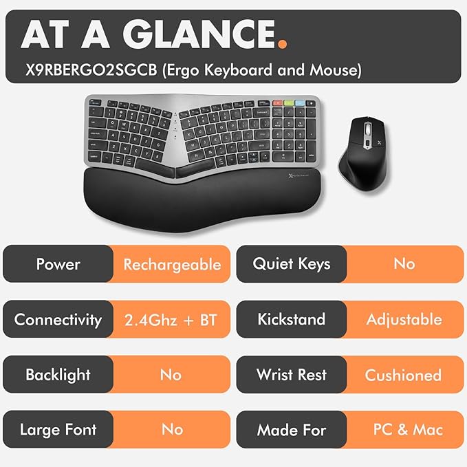 X9 Ergonomic Keyboard and Mouse Wireless Combo - Ergo Split Keyboard with Wrist Rest and Mouse, 2.4G and Bluetooth, Full-Size Wireless Carpal Tunnel Ergonomic Keyboard and Mouse for Laptop and PC