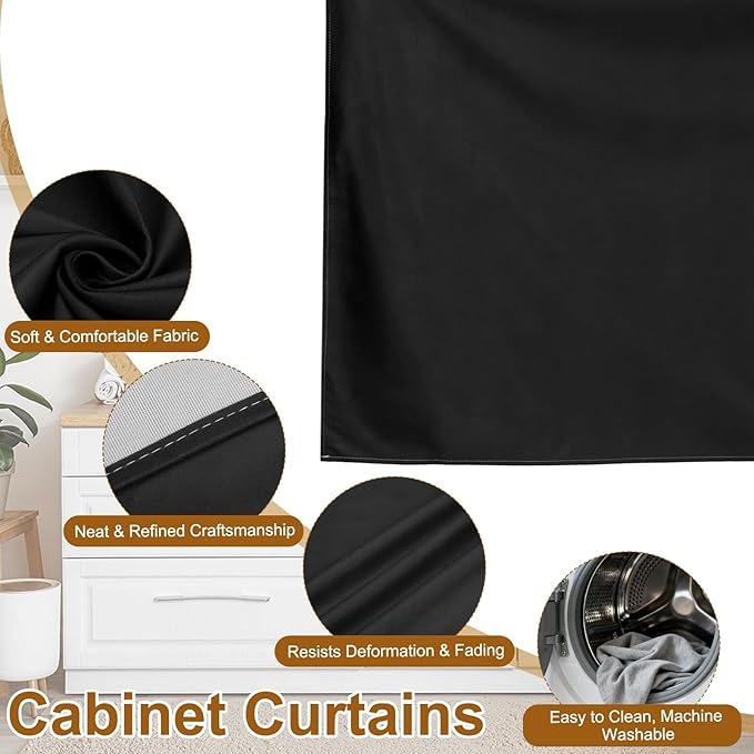 uxcell Cabinet Curtains, Dust Proof Privacy Drape Short Curtain, Hook & Loop Under The Desk Skirt for Kitchen Bathroom Closet Storage Room (51.1" W x 27.6" H, Black)