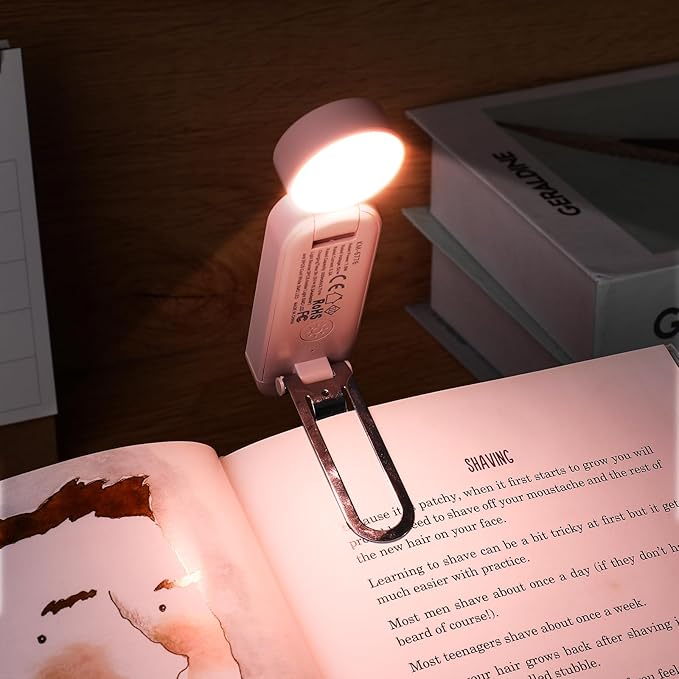 VAVOFO USB Rechargeable Book Light, Blue Lighting Blocking, Amber Light Clip On Bookmark Shaped 6 LEDs Reading Light, Eye Care for Bookworms Reading in Bed with 9 Lighting Modes (Light Pink)