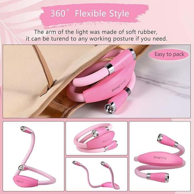 Neck Book Light, LED Reading Lamp, USB-C Rechargeable, Hands Free, 4 LED Bulbs, 4 Adjustable Brightness, for Reading in Bed or Reading in Car Lamp (Pink)