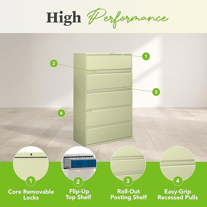 HON 5 Drawer Lateral File Cabinet with Lock, Metal Filing Cabinets for Offices, Adjustable Hangrails for A4, Legal, Letter Files, 21.31" Deep, Putty
