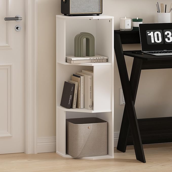 Furinno ECON Corner Shelf, 3-Tier Corner Book Shelf, Storage Shelves, Display Rack, Bookshelf, for Organization and Storage, Living Room, Home Office, Plain White