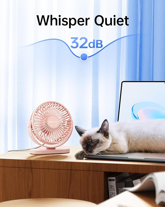 SWEETFULL USB Desk Fan Small Quiet - 3 Speeds Mini Personal Portable Fan 360° Rotation Adjustable, 5.5 Inch Office Table Cooling Gadgets on Desktop (Pink)