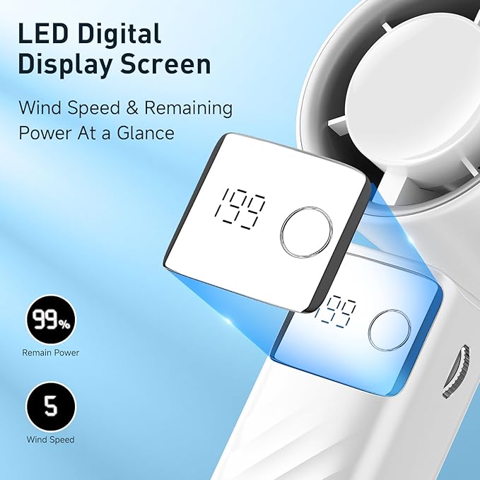 YOSHENMO Portable Handheld Turbo Fan - Foldable Mini Fan with Air Turbo Tech, 1-199 Speed Adjustment, 20H Runtime, LED Display, Battery-Powered for Indoor/Outdoor Use Light White (Pack of 2)