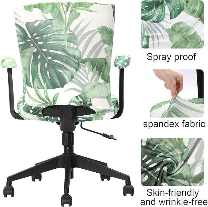 Tallew 4 Pcs Office Chair Covers Set Computer Universal Protective Stretchable Chair Seat Covers Desk Armrest Cover Pads Office Cushion Backrest for Rotating(Palm Leave,Green)