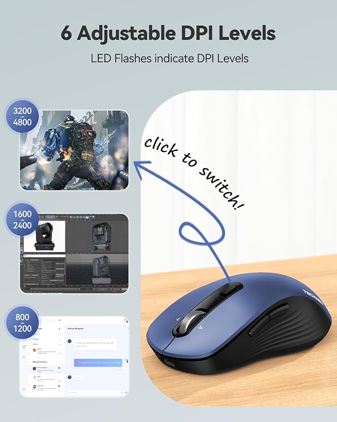 TECKNET Rechargeable Bluetooth Mouse, [ USB + BT5.0 + BT3.0 ] Wireless Mouse, Ergonomic 4-Way Scroll Wheel Computer Mice, 6-Level 4800 DPI Silent Mice, Multi-Device for Computer/Laptop/MacBook (Blue)