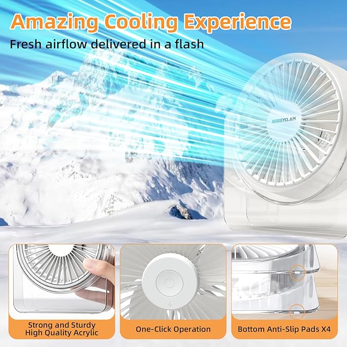USB Desk Fan, 6Inch Portable Table Fan, 3 Speeds Quiet Powerful Cooling,Personal Mini Small Fan with Adjustable Tilt for Desk Bedroom Home Office Car Table Travel, No Battery, White