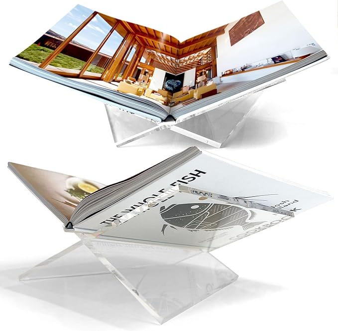 Large Clear Acrylic Book Stand, 12.5" x 9.5" x 5.5”, Acrylic Book Holder, Open Bookstand for Display and Reading Cookbooks, Art Books, Bibles, Magazines - Home and Office