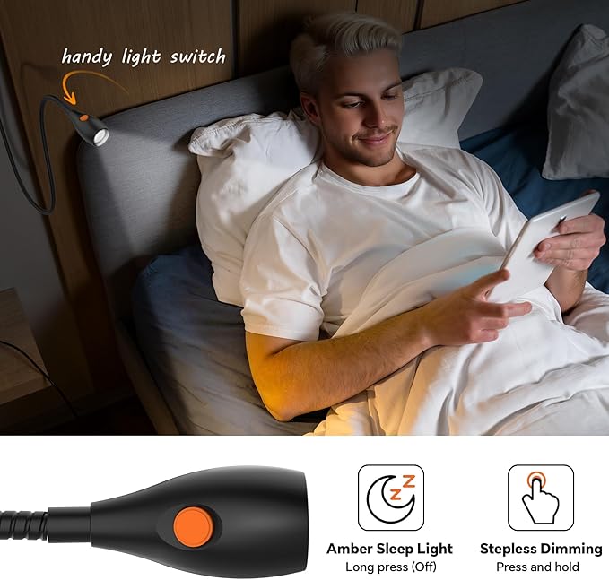 Wall Mounted Reading Light, Minimalist Headboard Mount Book Light, Dimmable LED with Lamp Head Switch Reading Lamp, USB-C Powered, CRI 95+ (4000K + Amber Nightlight) (Black)