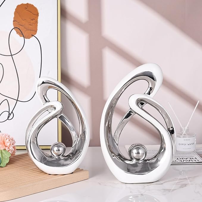 Silver Ceramic Home Decor, Ceramic Abstract 2 Piece Set, Mid-Century Modern Art Decor and Accessories, Living Room Coffee Table Dining Table Center Foyer Entry Table Decoration