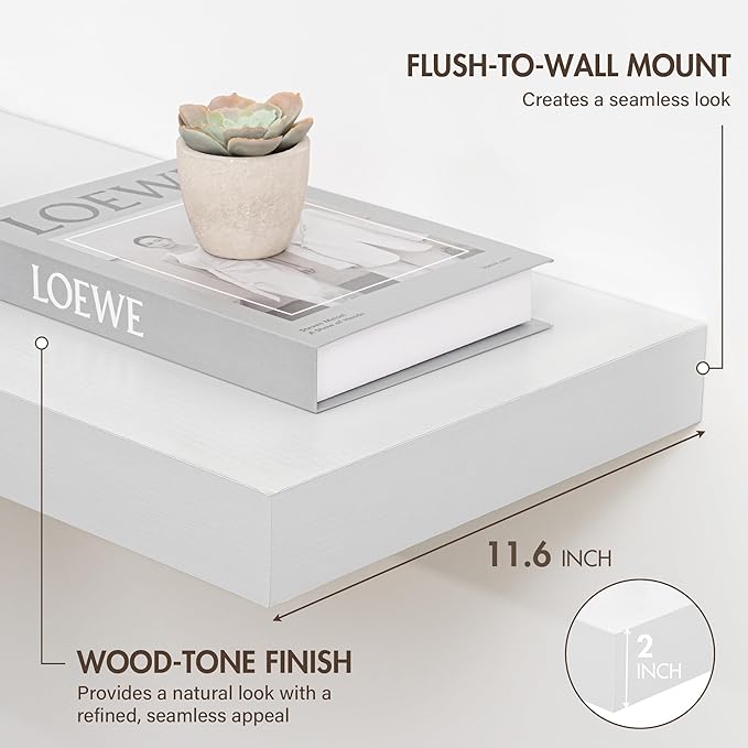Acovy 72 Inch Floating Shelves, 12" Deep Floating Shelf Wall Mounted, 72" Wall Shelves, Rustic Deep Bookshelf, Extra Deeper & Thicker Display Shelves for Bedroom, Living Room, White, Set of 1