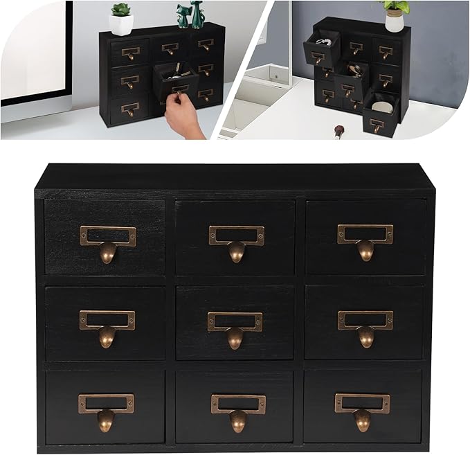 9-Drawer Wooden Desk Organizer Storage Box with Label Holders Vintage Wood Desktop Organizer, Desk Drawer Unit Collectors Box for Living Rooms, Bedrooms, Offices (Black, 1PC 9 Drawers)