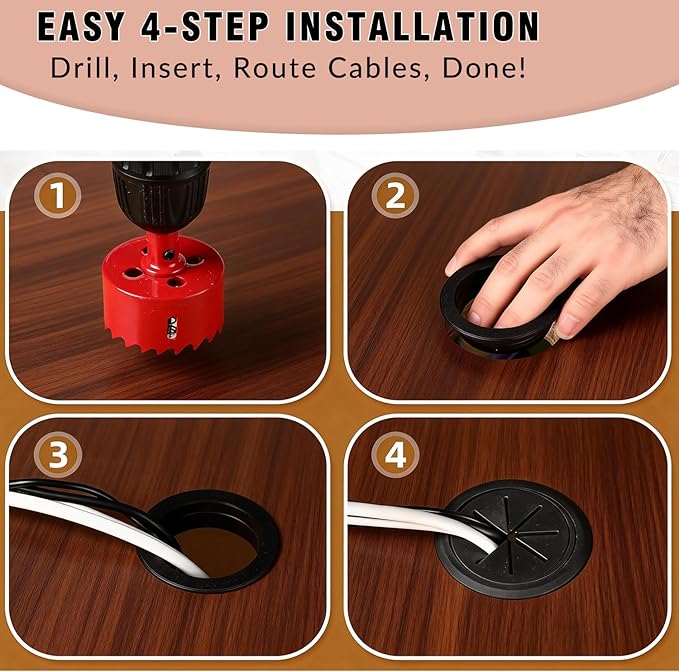 Desk Grommet Kit - 8 PCS 2 Inch Black ABS Plastic Cable Hole Cover with Soft Rubber Liner & Included Hole Saw - Cord Grommet for Wire Management on Countertops, TV Stands & Office Tables