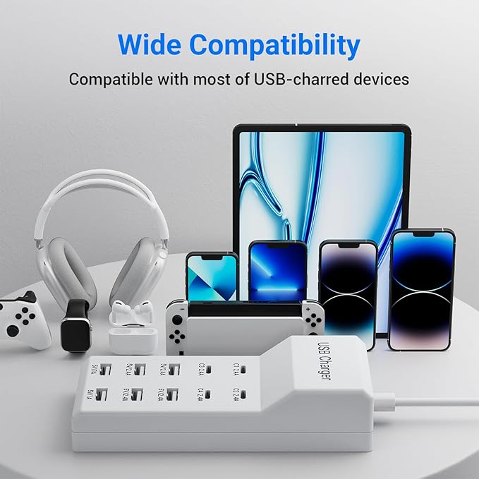 10-Port USB C Charger Block (6 USB-A Port & 4 USB-C Port), 50W10A Multiport Charger Hub for iPhone, Galaxy, iPad & More, 3.3FT