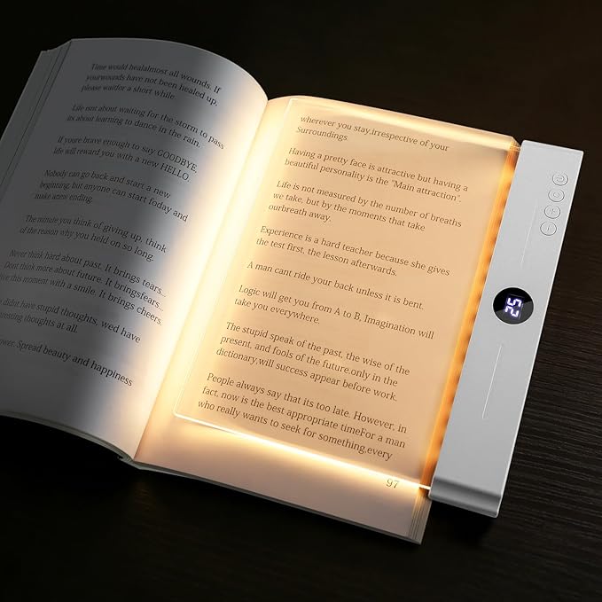 Flat Book Light, Rechargeable Clear LED Smart Reading Light with 3 Colors & Timer, Dimmable Full Page Panel Plate Lamp, Eye Protection, Portable Flat Reading Light for Bedside, Travel, Study (White)