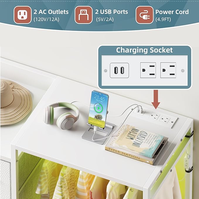 HIGDBFE Dresser with Hanging Rack, 8-Drawer Dresser for Bedroom with Charging Station & LED Lights, Fabric Dressers with Shoe Rack, Chest of Drawers with Wooden Top for Bedroom, White, 11.8" D