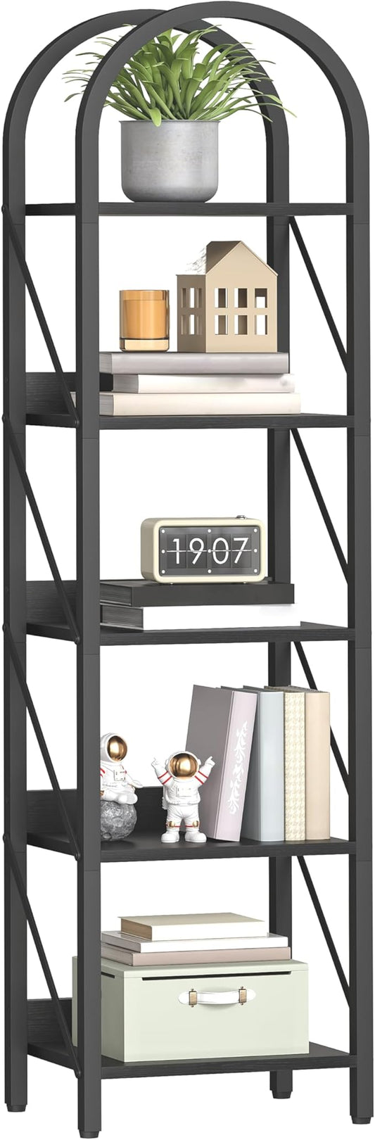 HOOBRO Bookshelf, 5-Tier Arched Bookshelf, Industrial Bookcase with Metal Frame, Tall Book Shelf Storage Organizer for Living Room, Office, Bedroom, Black BB425SJ01