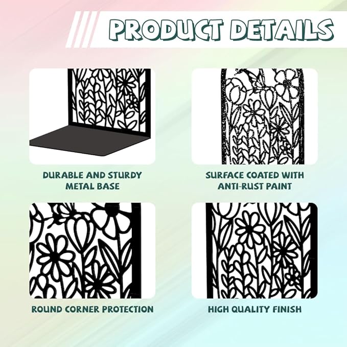 Peacoblue Metal Bookends for Shelves, Modern Decorative Heavy Duty Study Book Support Stoppers for Office, Desk, Shelf, Room 5.3"x4.3"x7.9" Cast Iron Bookends, 1 Pair (Wildflowers and Butterflies)
