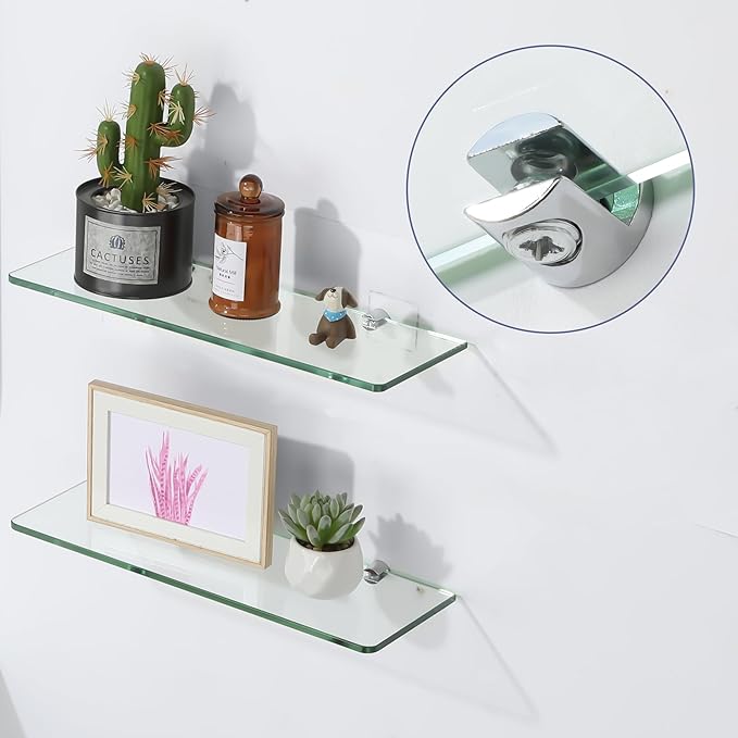 Mooche 4Pcs Glass Shelf Brackets, Heavy Duty Wall Mount Adjustable Zinc Alloy Clamp Holder for Wood Shelves, Polished Chrome (for 6-10mm Glass)
