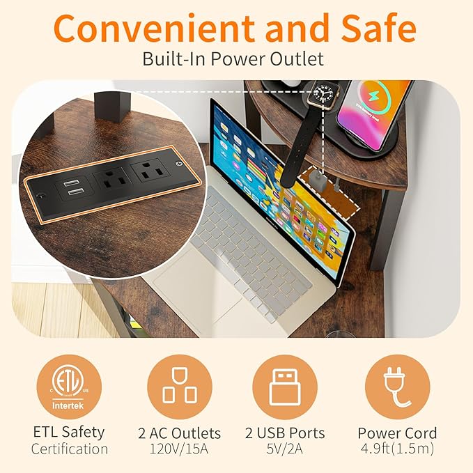 METYERRY Corner Printer Stand Table, with Power Outlet and USB Charging & LED Lights, for Home Printer Stands, Storage Shelf, Computer Tower/CPU Stand Holder for Home Office, Rustic Brown