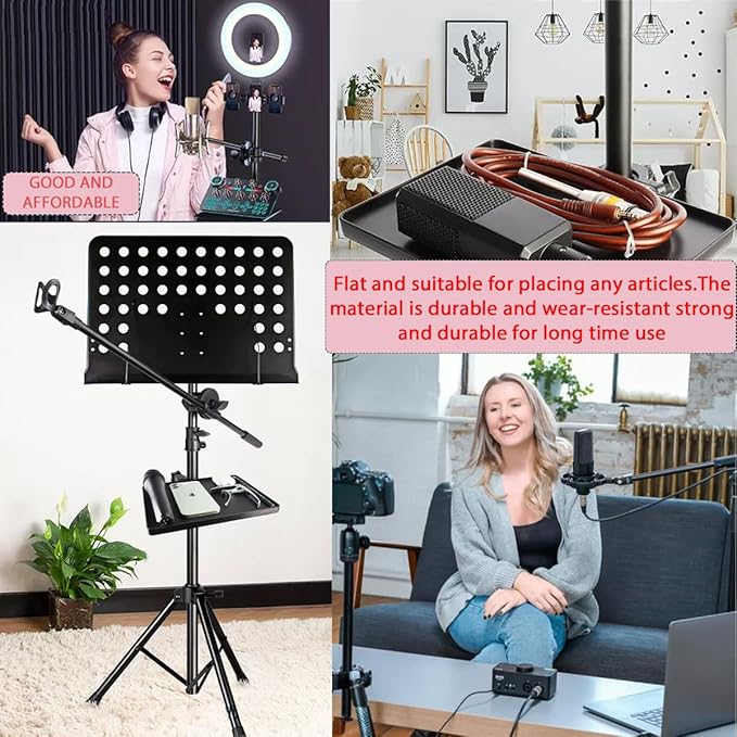 2 Pcs Universal Microphone Stand Tray, Adjustable Clamp-On Rack Tray Holder Mic Rack Stand Tray for Music Sheet, Live Streaming, Karaoke, Recording, Music Stand Accessories（5.5X7.9in，6.8X9.4in）
