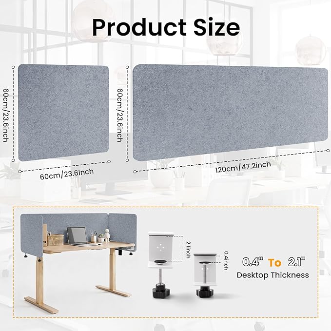 Desk Divider, Clamp On Felt Desk Privacy Panels, Acoustic Sound Absorbing Desk Partition for Office Desk, Reduce Distractions, Light Gray, 3 Pack, 24 x 24 in and 24 x 48 in