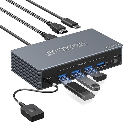 4K@120Hz Kvm Switch 2 Monitors 2 Computers 8K@60Hz DP Displayport Dual Monitor KVM Switches, 4 USB3.0 Ports for 2 PC Share Mouse Keyboard and 2 Screens Support PoC EDID Button Switch Plug and Play