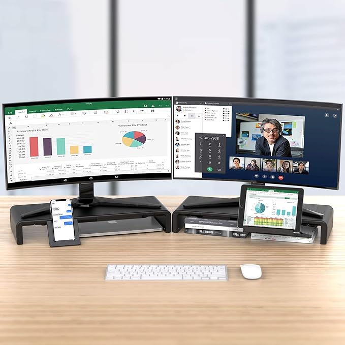 Monitor Stand Riser, Klearlook Foldable Computer Monitor Riser, Height Adjustable Computer Stand, Desk Shelf Riser with Storage Drawer & Tablet Phone Stand for Computer, Desktop, Laptop (Black 2 Pack)