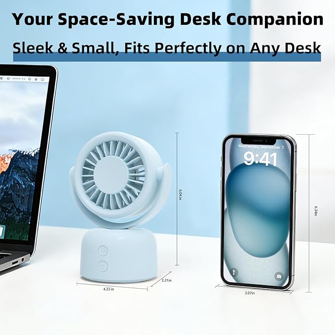 Small Oscillating Desk Fan, Rechargeable USB C Personal Fan, 3 Speeds Quiet Mini Desk Fan with Auto 90° Oscillation & 120° Manual Tilt, 3600mAh Battery Operated Portable Fan for Home Office Bedroom