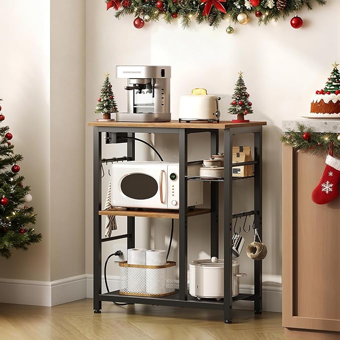 YATINEY Movable Bakers Rack, Microwave Stand with Charging Station, Kitchen Storage Rack with Hooks and Basket, Casters and Adjustable Feet, for Small Space, Kitchen, Dining Room, Rustic Brown HB04UBR