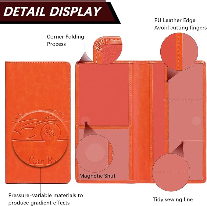 Car Registration and Insurance Card Holder for Women Men, Orange Glove Box Paperwork Organizer with Magnetic Buckle for Easy Access and Protect Documents and Various Cards in Vehicle