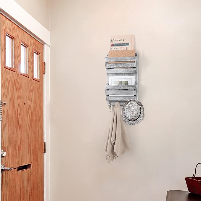 BTY Mail Sorter Wall Mounted, Wooden Mail Holder with 4 Key Hooks, 2 Slot Letter Bills Newspaper Magazine Organizer for Entryroom Hallway Office Garage, Gray White