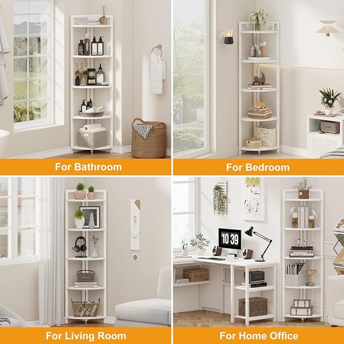 FATORRI Tall Corner Shelf, 5 Tier Modern Corner Bookshelf Stand, Wood and Metal Corner Plant Bookcase for Living Room, Home Office (White Oak)