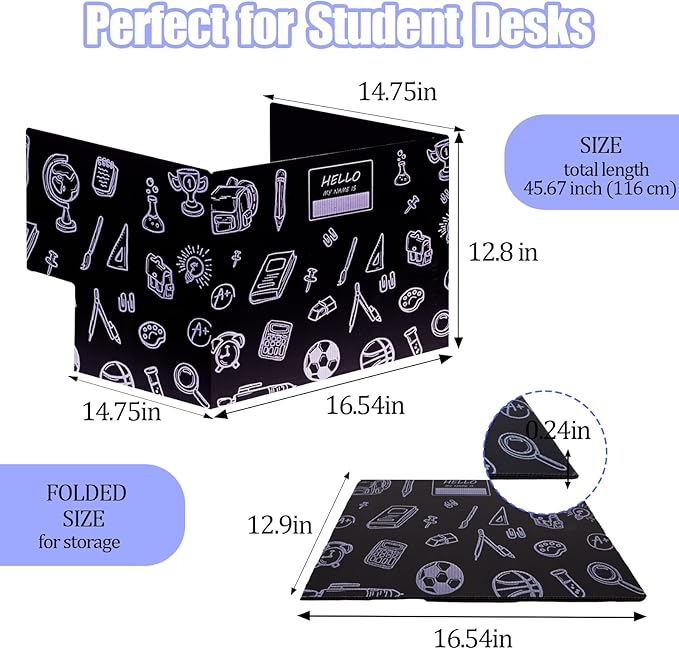 25-Pack Desk Dividers for Students with Privacy Shields, Ergonomic Arms Cutouts & Erasable Name Frames - Waterproof & Easy-to-Clean Test Dividers for Classroom, Exams, Office (Black)