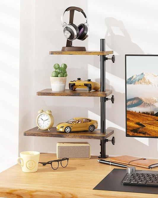 3 Tiers Clamp On Desk Shelf, 360° Angle Adjustable Desktop Shelf Organizer for Home Office Gaming Room, No Drill Desk Extender Adapt to 0.4-2.16 inches Table Thick, Black Brown