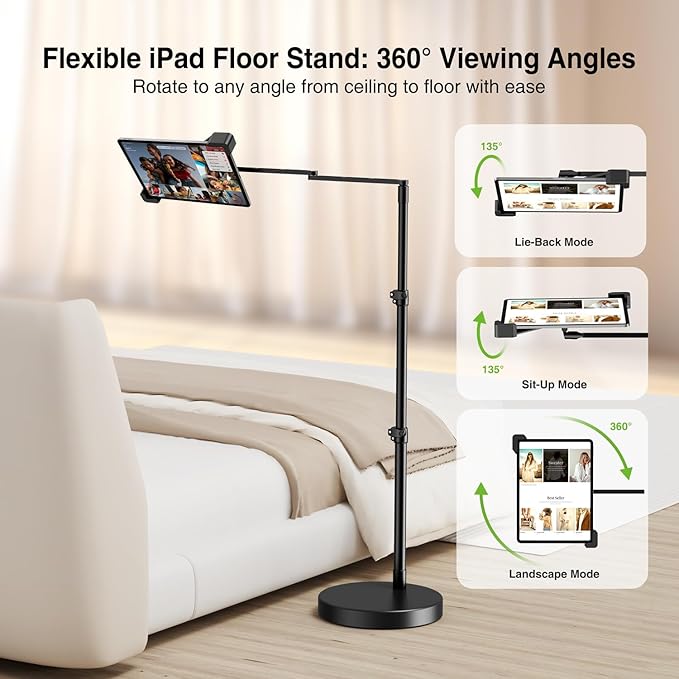 elitehood Diagonal Design iPad Floor Stand with Heavy Duty Base, 24in Horizontal Long Arm Tablet Floor Stand Holder for Bed Recliner Sofa, Compatible with iPad mini Air Pro 13/12.9 and 9-14in Devices