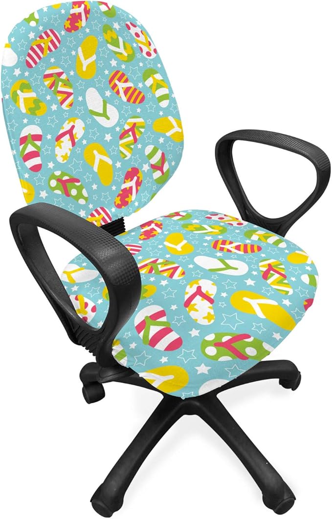 Ambesonne Flip Flop Office Chair Slipcover, Colorful and Different Patterned Double Pluggers on Star Filled Blue Backdrop, Protective Stretch Decorative Fabric Cover, Standard Size, Aqua Blue