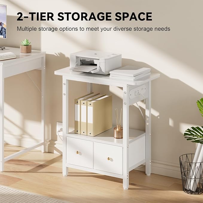 HLDIRECT Nightstand with Charging Station, Bedside Table with 2 Fabric Drawers and Large Storage Shelf for Small Space, End Table with Outlet and USB Ports for Living Room, Bedroom (White)
