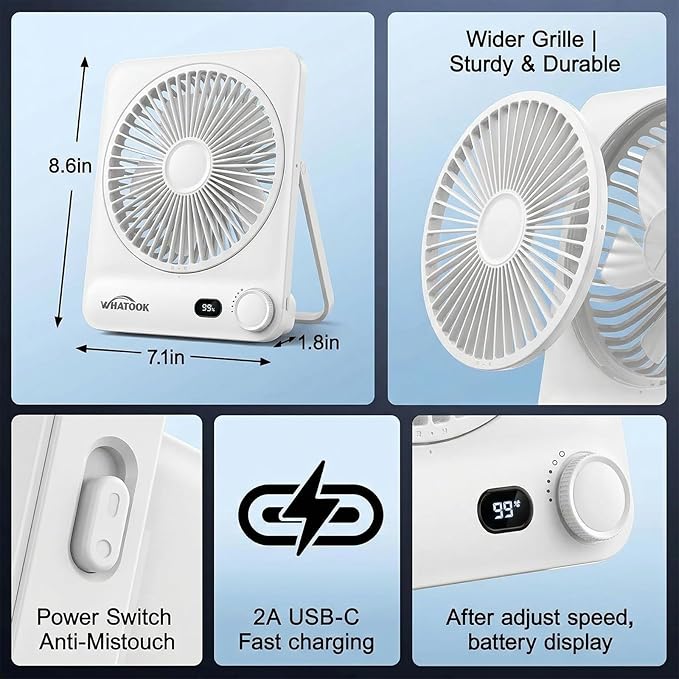 WHATOOK Large Travel Desk Fan: 10000mAh Battery 40 Hours Runtime Silent Rechargeable Fans, Quite Personal Portable Fan for Camping Bedroom Office Small Desktop fan (8.3 * 7.1inch White)