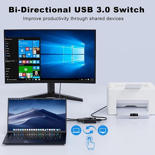 USB 3.0 Switch, Bi-Directional USB Switcher 2 in 1 Out/1 in 2 Out, Aluminum USB Switch 2 Computers Share 1 Device for Printer, Mouse, Keyboard, with 2 USB 3.0 Cables