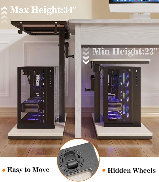 Computer Tower Stand with Charging Station & USB Ports - Adjustable Height PC Stand 2-Tier, Under Desk for ATX-Case with Wheels, CPU Holder for Office, Home, Gaming Room
