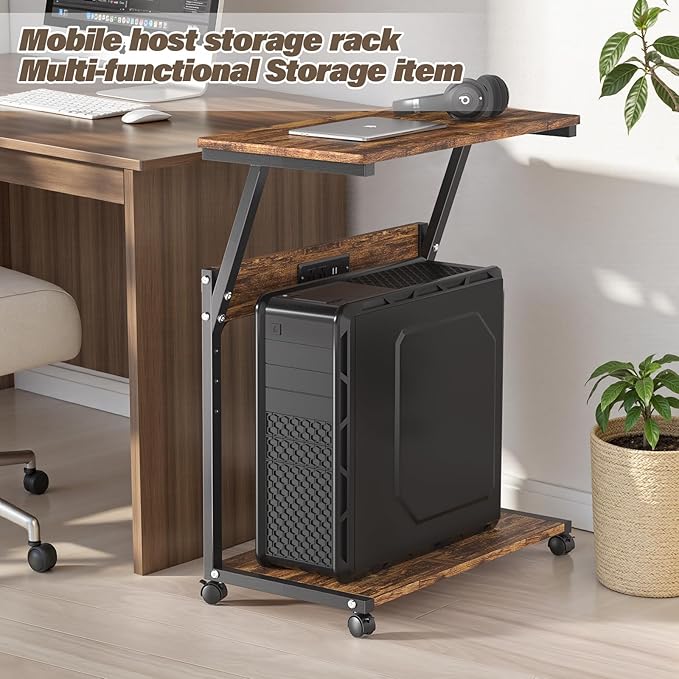 FANXIYQ Computer Tower Stand with 360° Locking Casters, 5 Height Adjustable Mobile CPU Cart, Under Desk PC Holder for Gaming Desktop, Home Office Organization, Wood Grain
