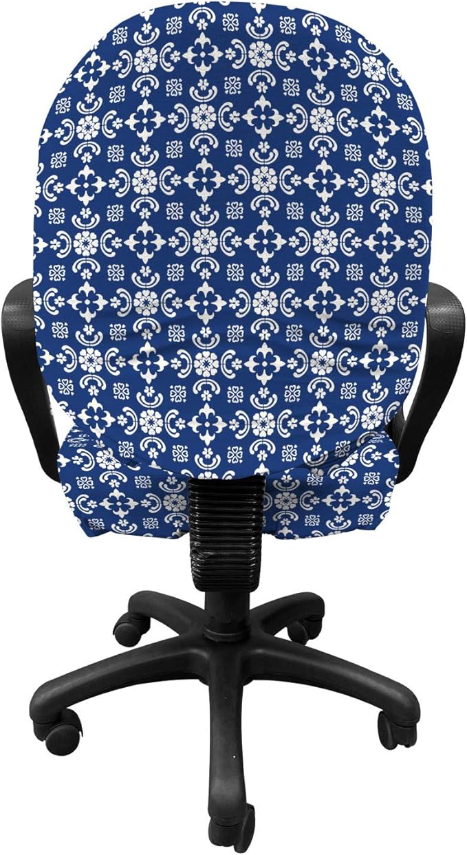Ambesonne Folk Art Office Chair Slipcover, Talavera Tile Like Pattern Along Floral Ornaments and Abstract Forms, Protective Stretch Decorative Fabric Cover, Standard Size, Azure Blue